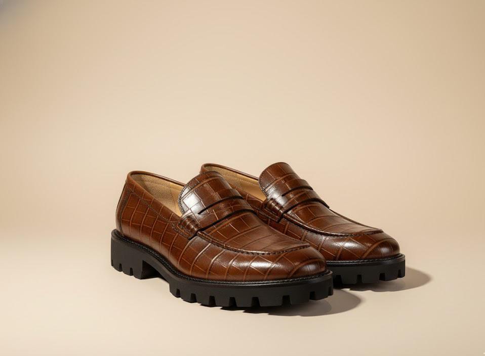 Men's Brown Crocodile-Shoes with Lug Sole